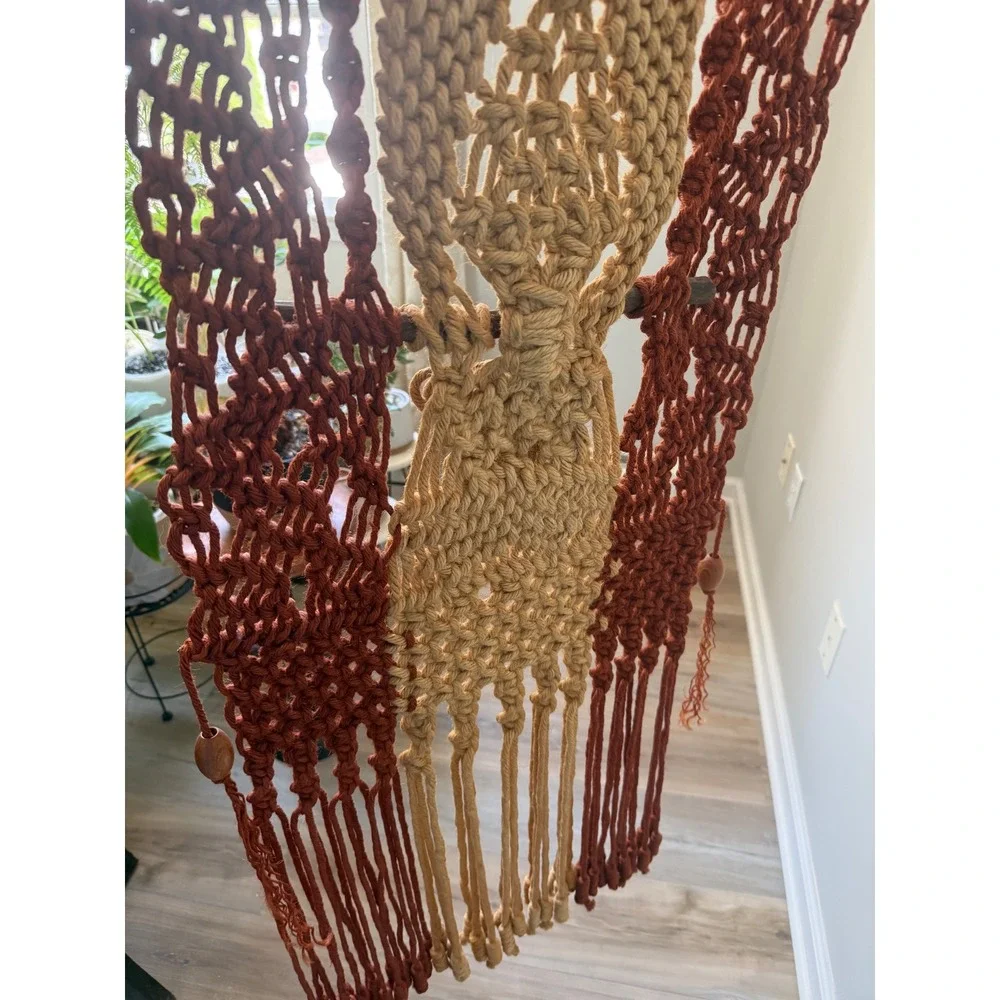 Vintage 70s Macrame Owl Wall Hanging Boho Fiber Art Terracotta Mustard Rust